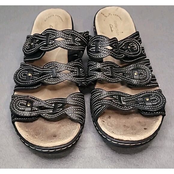 Clarks Sandals Black Leather Triple Strap Women’s 9 Luxe Comfort Coastal Resort - Picture 3 of 10